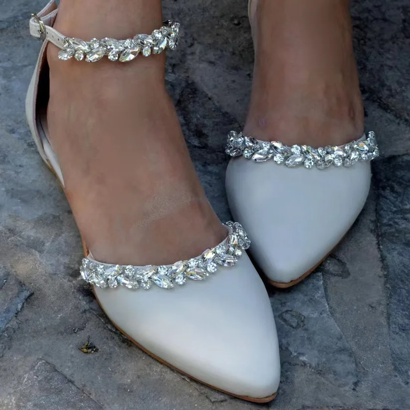 

Elagant White Bling Diamond Rhinestone One Strap Flats Sandals Pointed Toe Crystal Edge Wedding Shoes Bridal Flats Shoes