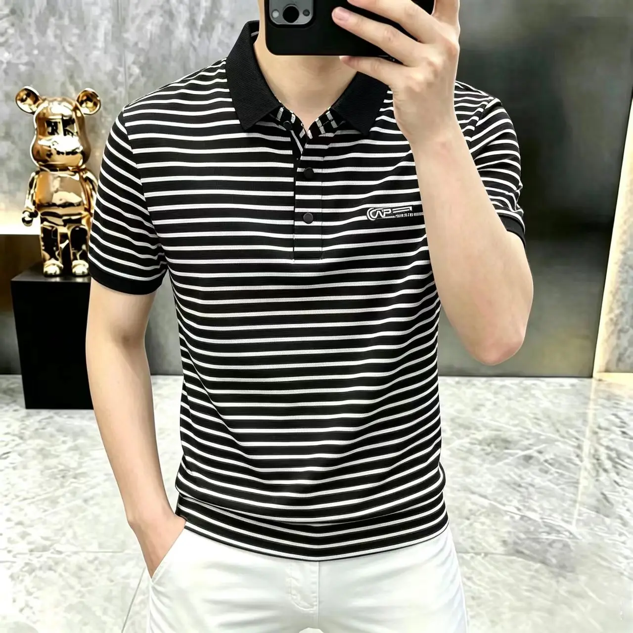 Summer Men's New Style Anti-Static Silk-Feeling Striped Fashion Casual Polo Shirt Collar
