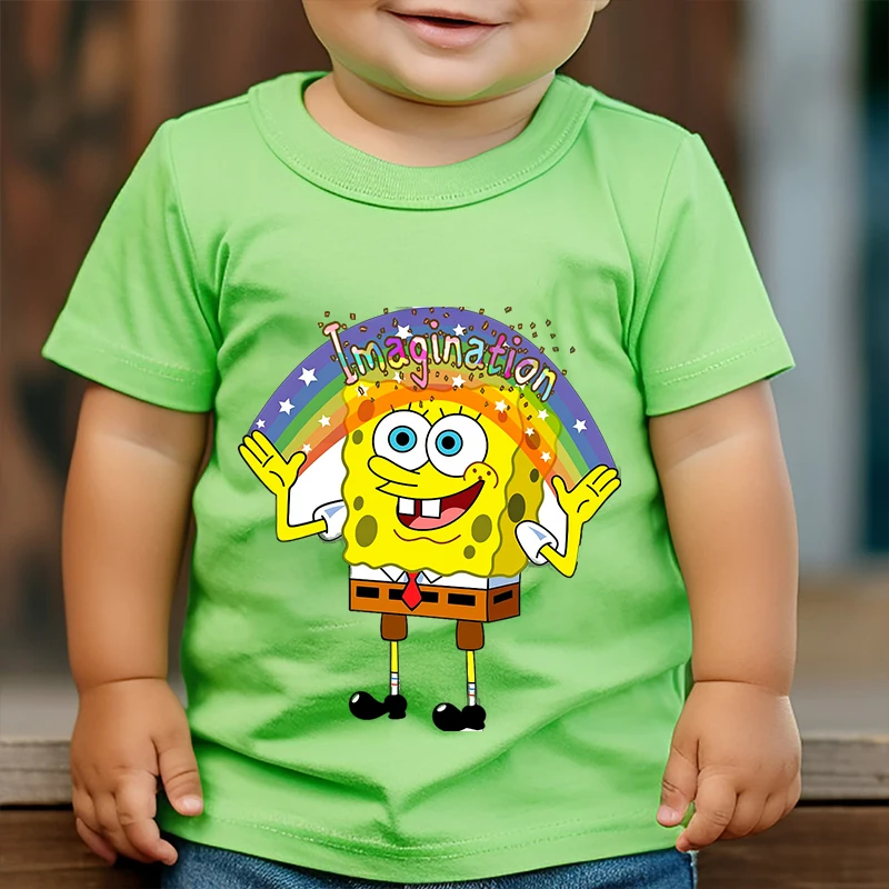 SpongeBob SquarePants printed kids T-shirts summer children's cotton short sleeves suitable for boys and girls green casual tops