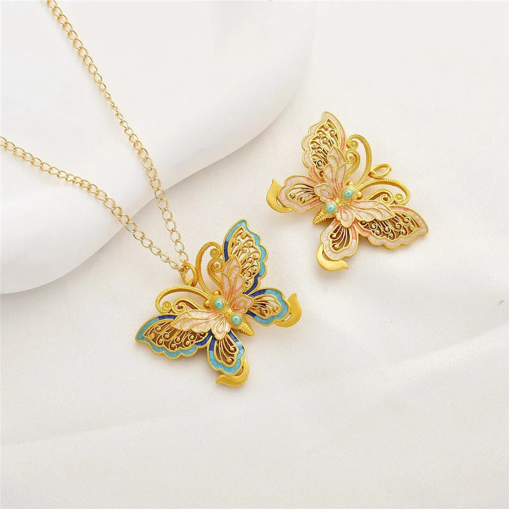 

18K Matte Gold Drip Oil Burned Blue Zhuang Sheng Xiao Meng Mai Hua Die Butterfly Pendant DIY Necklace Sweater Chain Accessories