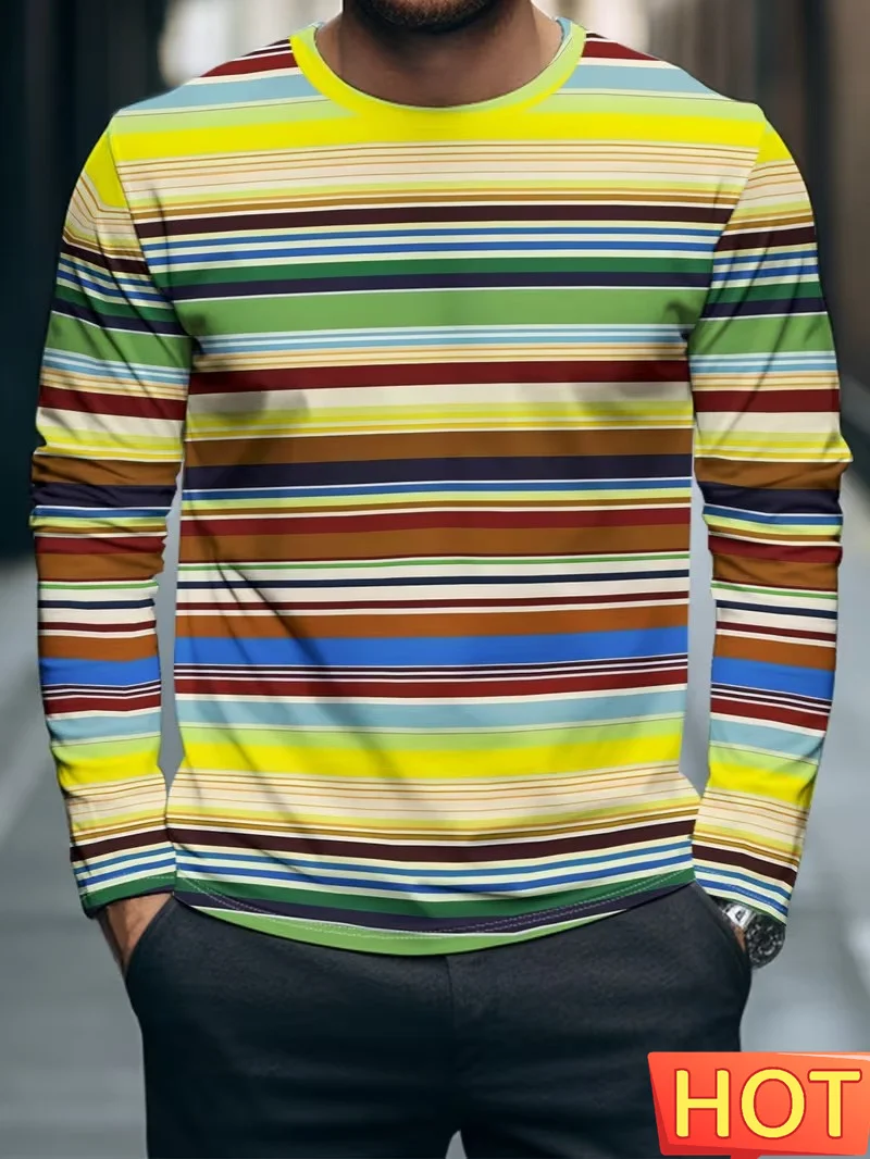 Classic Simple Multi-color striped 3D printed men's T-shirt fashion long sleeved T-shirt casual sport O-neck pullover loose tops