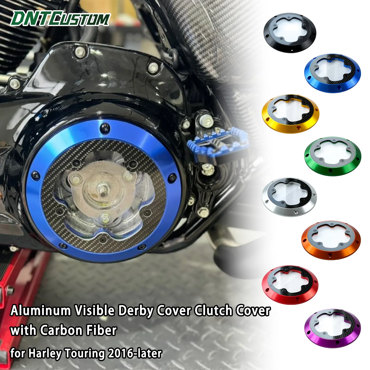 

DNTCUSTOM Motorcycle Parts CNC Aluminum Visible Derby Cover with Carbon Fiber Colored for Harley 2016-later Touring Model