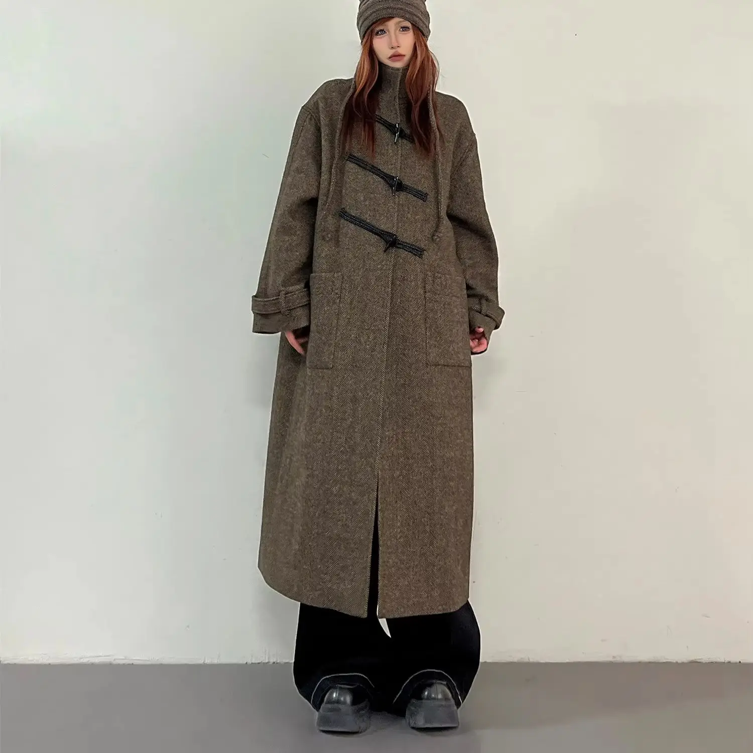 IG Women Brown Herringbone Stand Collar Toggle Duffle Long Wool Coat, Oversized Side Pockets Cuff Straps, Winter Vintage Casua