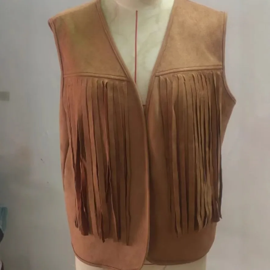 Women's Vest Retro Suede Look Western Style Sleeveless Jacket Boho Fringe V Neck Loose Fit Solid Color Medium Weight No Button