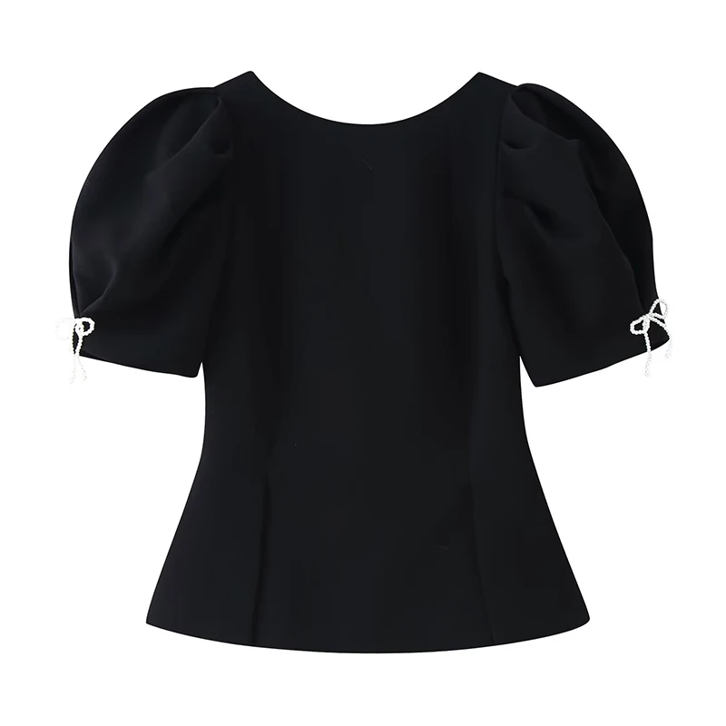 

YENKYE New 2026 Women Faux Pearl Bow Puff Sleeve Blouse O Neck Casual Vintage Summer Tops