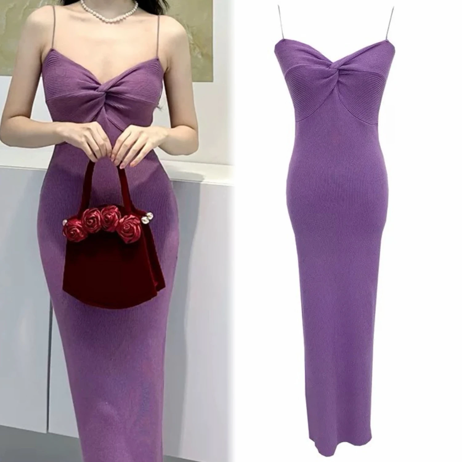 YuooMuoo Chic Fashion 2026 Sommer Spaghetti-Träger Midikleid Damen V-Ausschnitt Slim Strick Bodycon Kleid Streetwear Damen Outfits