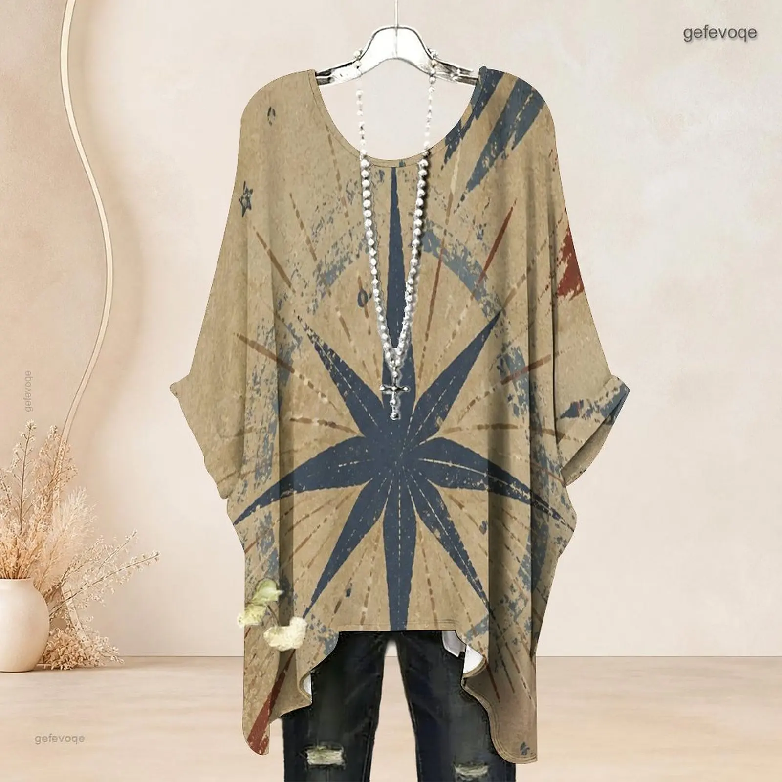 Women Batwing Sleeve T Shirt Casual Loose O Neck Irregular Hem Blouse Print Oversized Ladies Tops