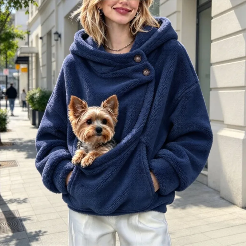 2026 Women's Autumn And Winter Hoodie With Fur Solid Color And Pockets Comfortable Warm Versatile Daily Multi-functional Hoodie