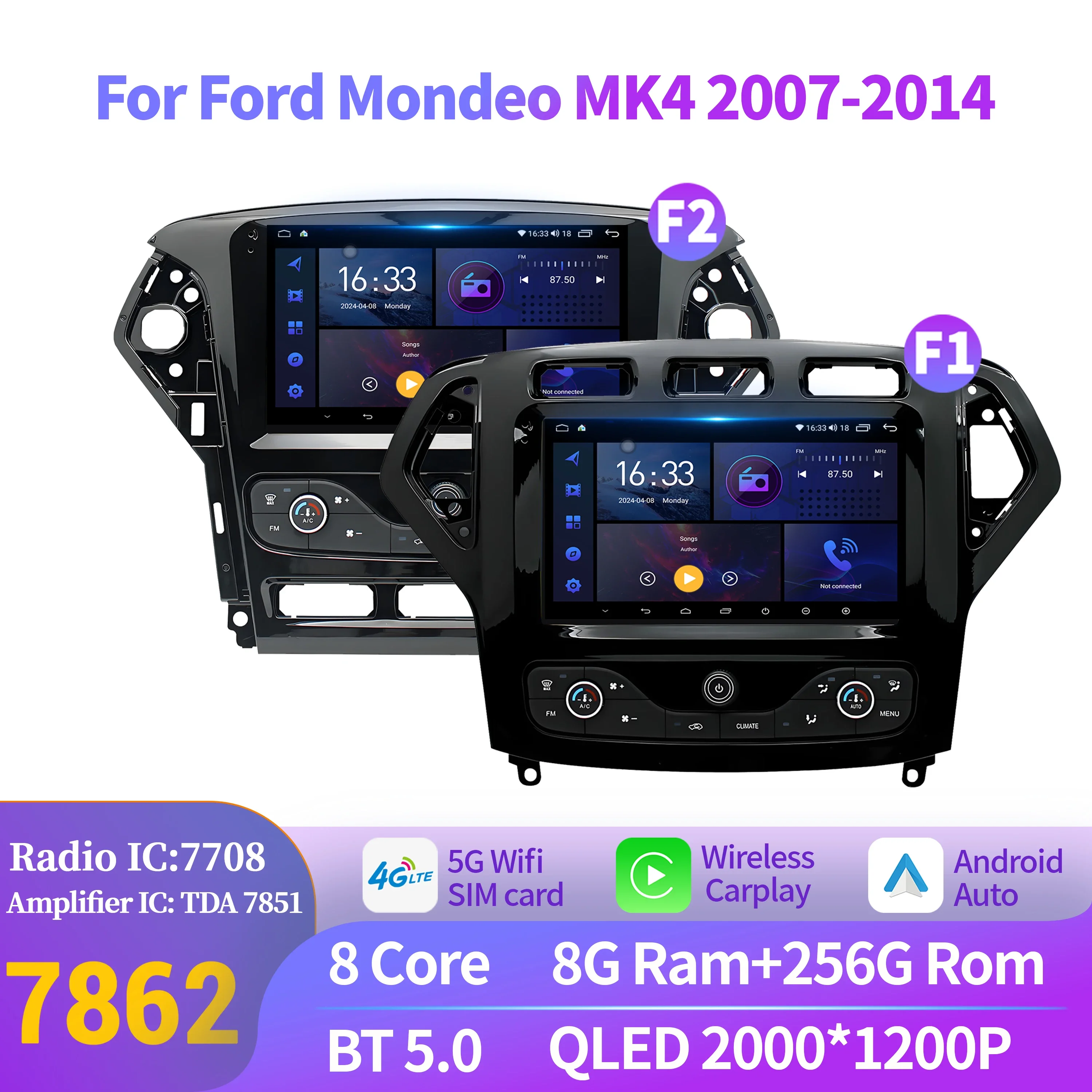 Android 14 For Ford Mondeo MK4 2007-2014 Car Multimedia Stereo Navigation 5G Wireless BT Carplay Radio Head Unit 2K QLED Screen