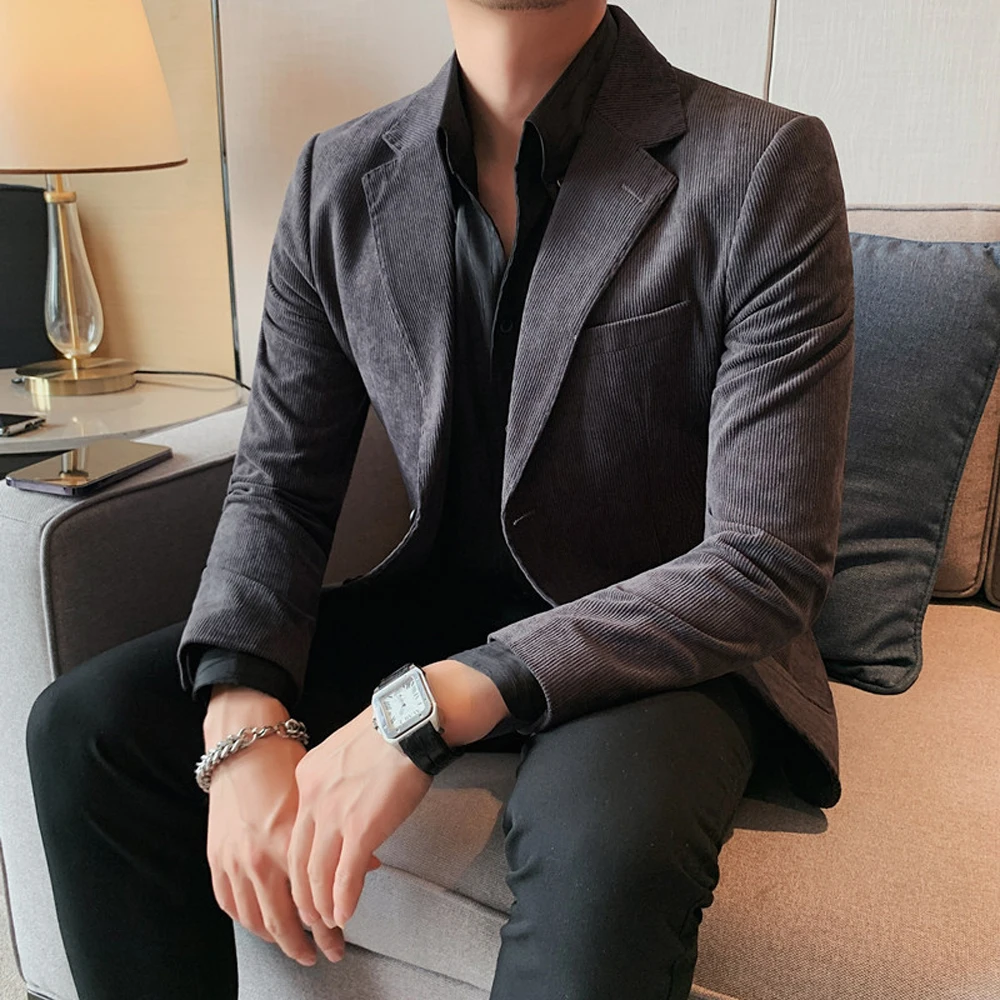 New Classic Corduroy Casual Men Suits Slim Double Breasted Groom Tuxedos Tailor Made Jackets Male Blazers Costume （Only Coat）