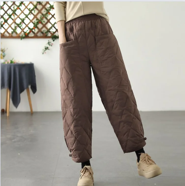 Winter Waist Warm Down Cotton Quilted Trousers Versatile Fashionable Casual Pants For Women