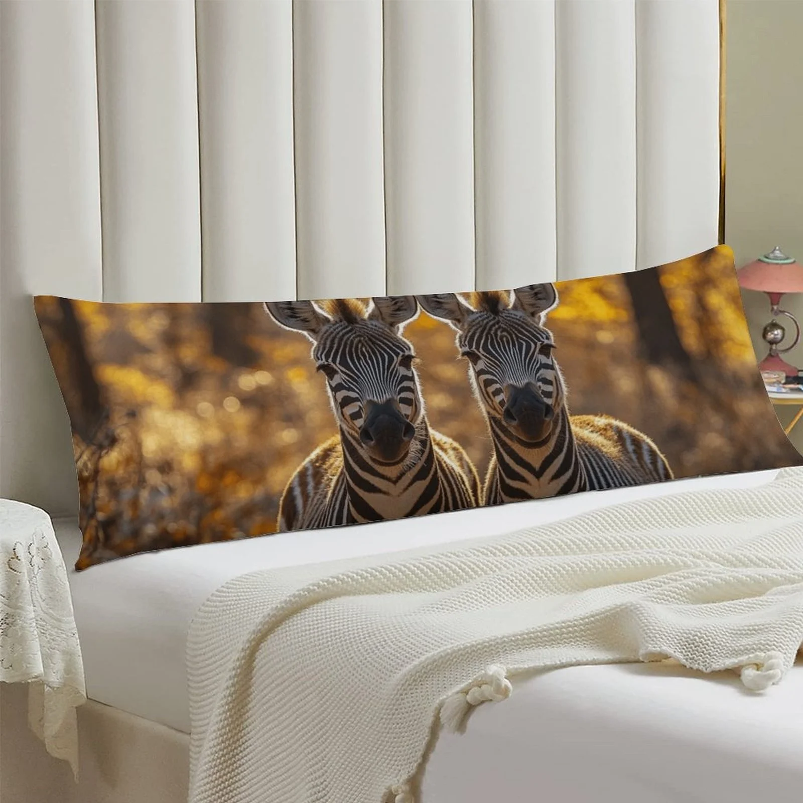 Large 50.8x137.16 cm Zebra Stripe Pillowcase - Double-sided Autumn Prairie Design with Two Zebras Pattern, Soft Plush Flannel Fa