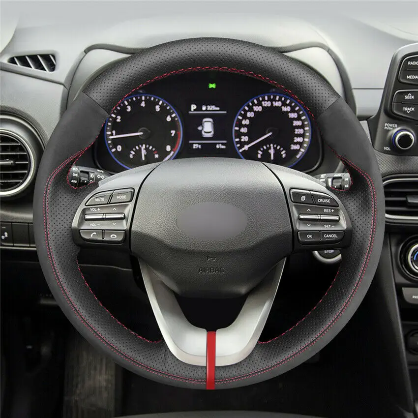 Hand-stitched Black Leather Suede Car Steering Wheel Covers for Hyundai Veloster i30 Elantra