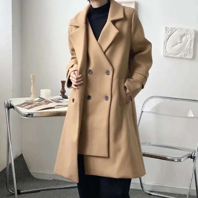 UMI MAO Men Women Long Autumn Winter Niche Korean Designer Models Asymmetric Tweed Trench Coat Tweed Deconstruction Jacket Y2K