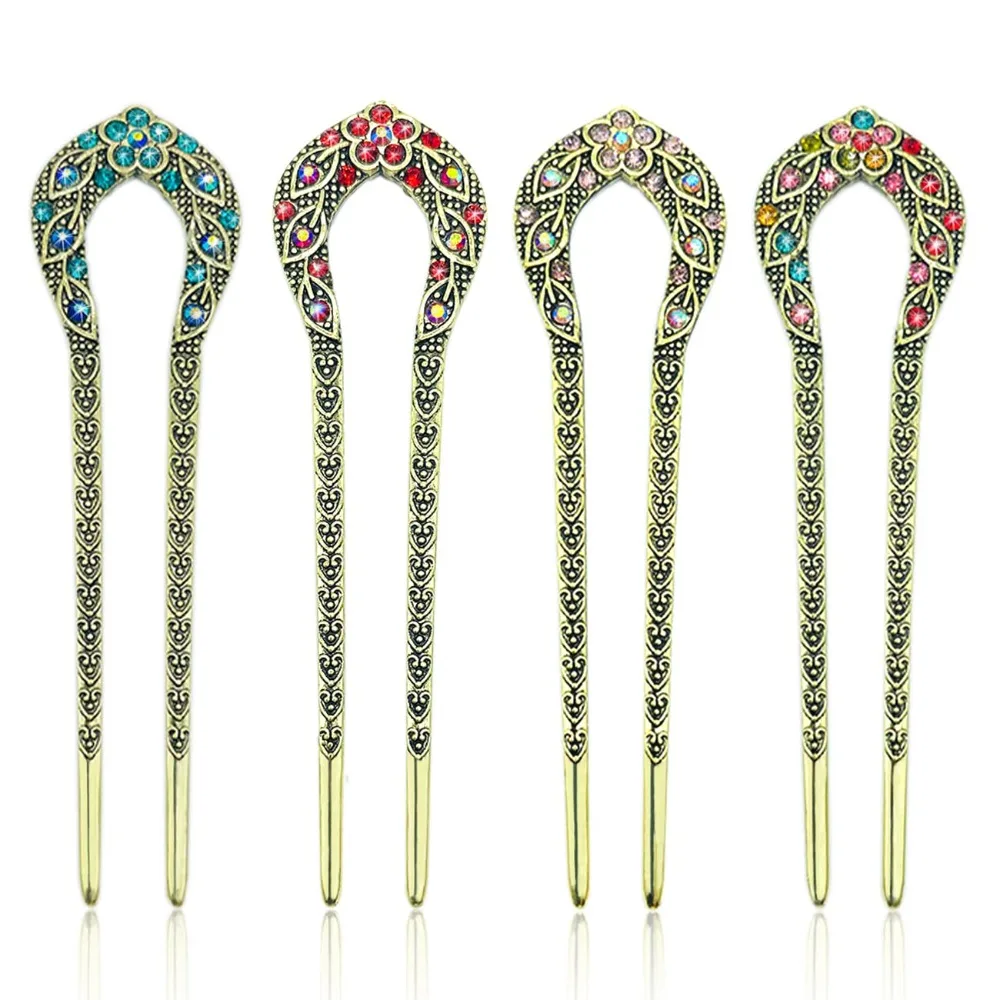 

4 шт. французские заколки для волос, металлические U-образные заколки для волос, винтажные вилки для волос с двойными зубцами и стразами, французские длинные