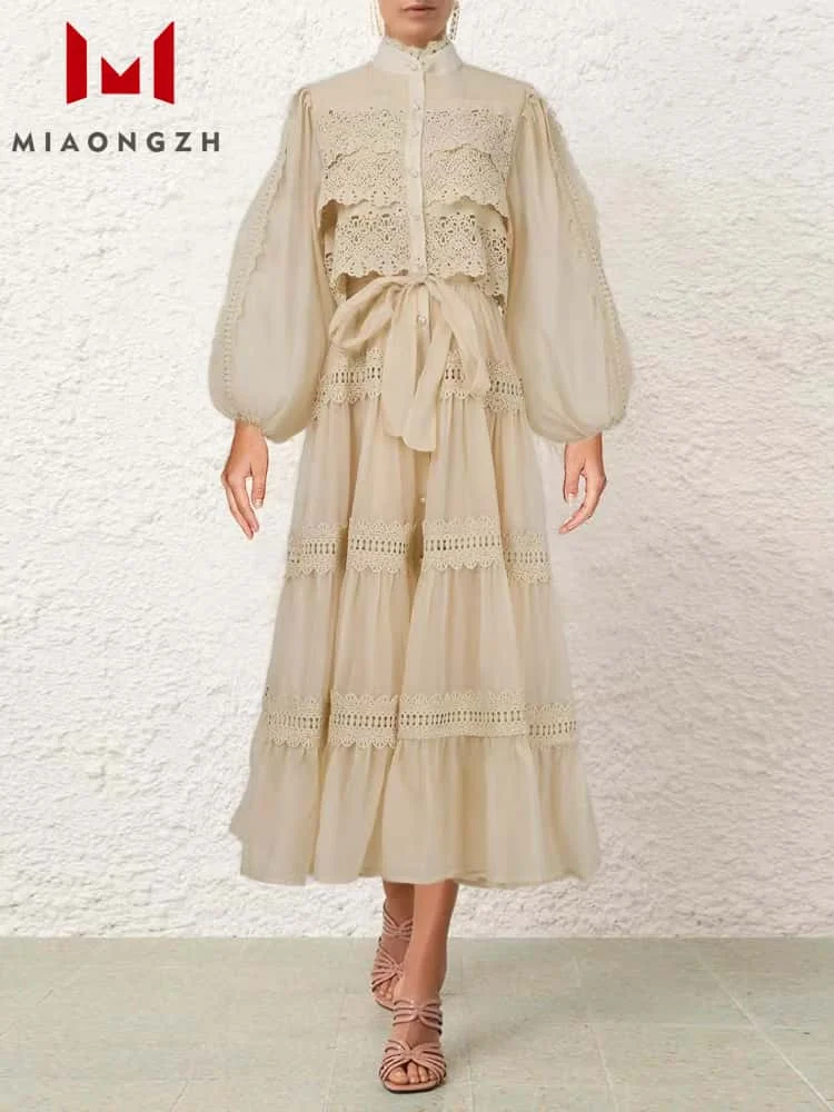 

Solid Fashion Hollow Out Dresses For Women Stand Collar Long Sleeve 2025 Spring New Single Breasted Luxury Party Dresses Female