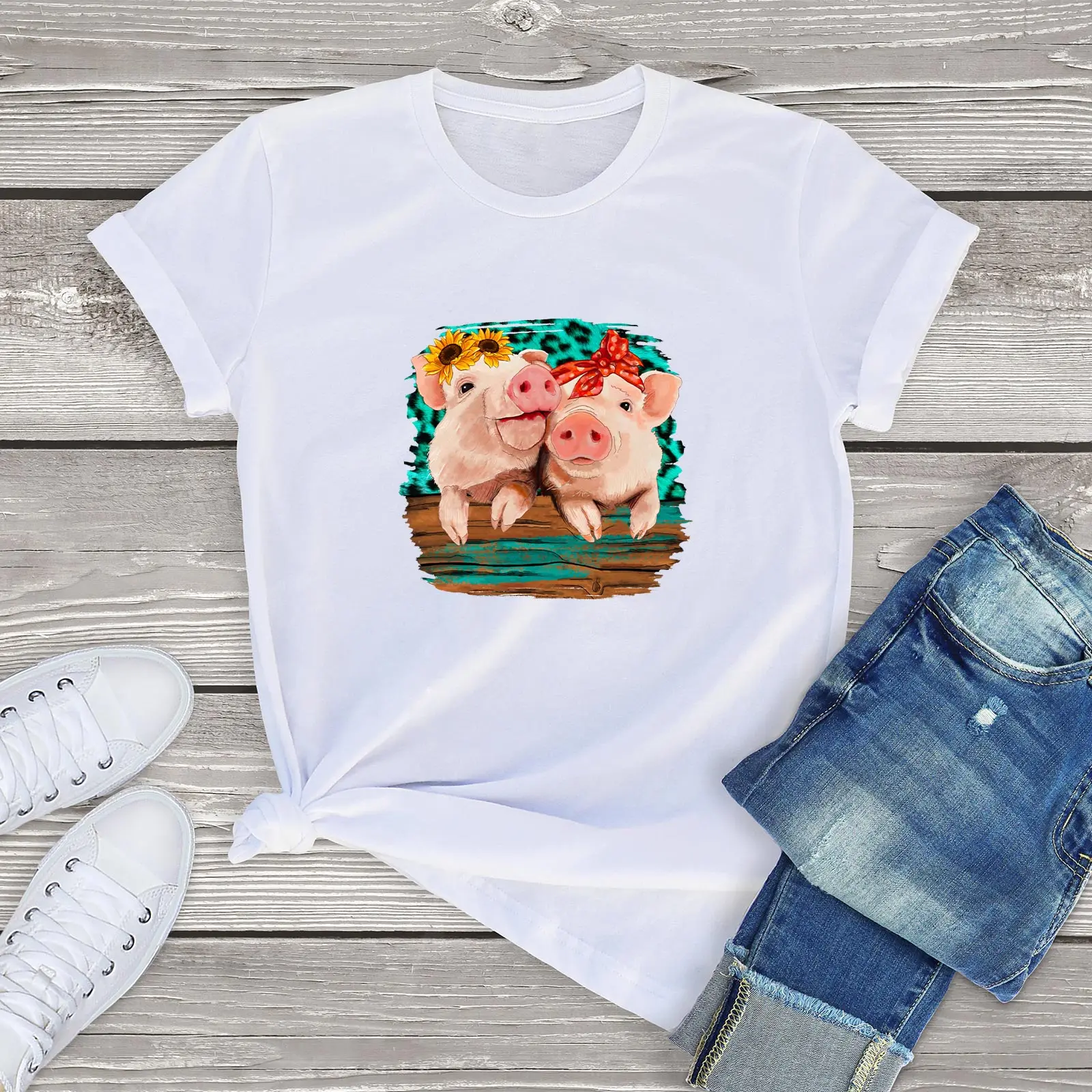 Bow Two Little Pigs Printing 100% Cotton Round Neck Male and female Short Sleeve T-Shirt Casual Streetwear Clothing Size XS-3XL