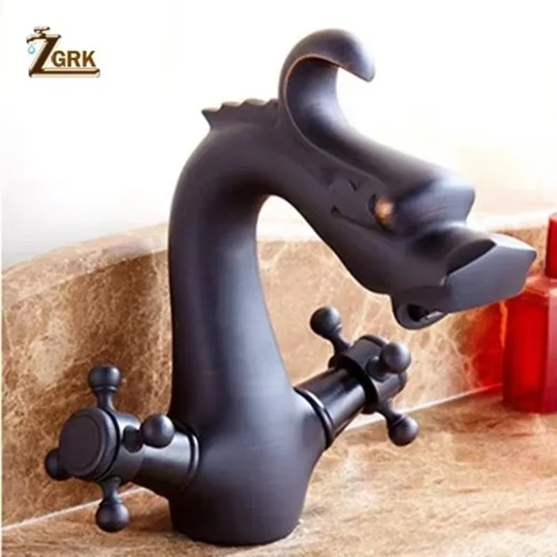

Chinese Dragon Basin Faucet Bathroom Deck Mounted Dual Handles Single Hole Vessel Sink Mixer Tap Gold Bathroom Water Tap