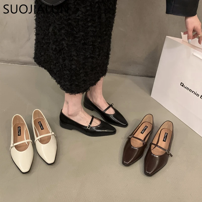 SUOJIALUN 2023 Autumn Women Flat Shoes Fashion Pointed Toe Shallow Slip On Ladies Elegant Csual Ballet Shoes Dress Laofer Shoes