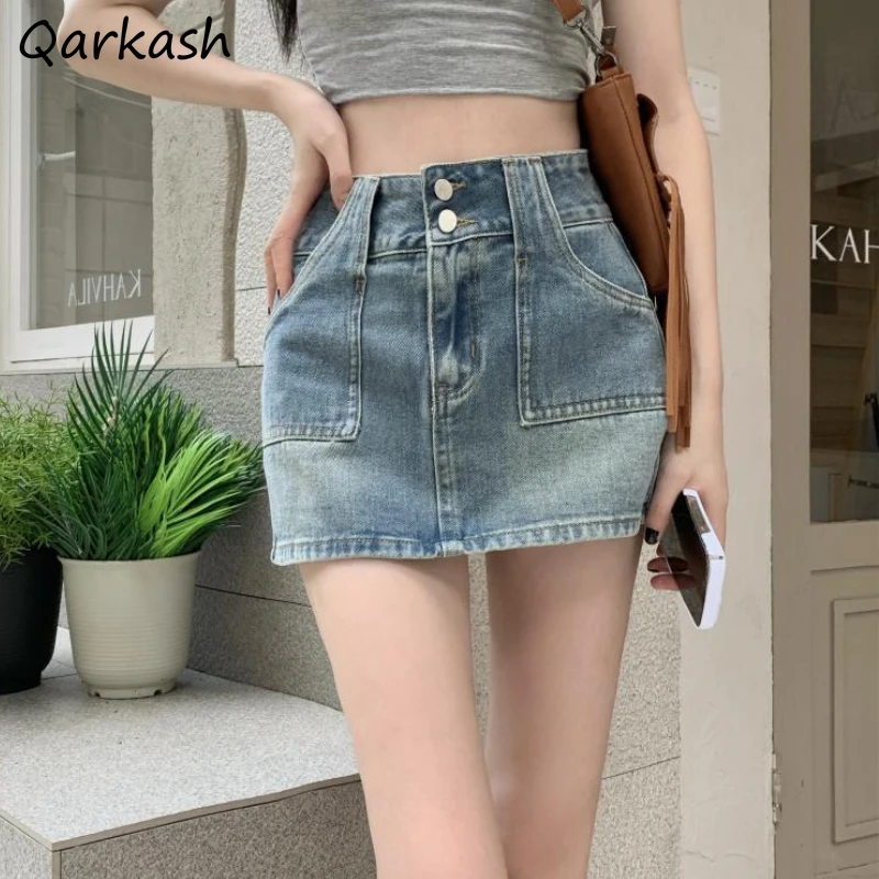 

Denim Skirts Women Vintage Washed Slim High Waist Summer Hotsweet Tender All-match Fashion Streetwear Students Casual A-line Ins