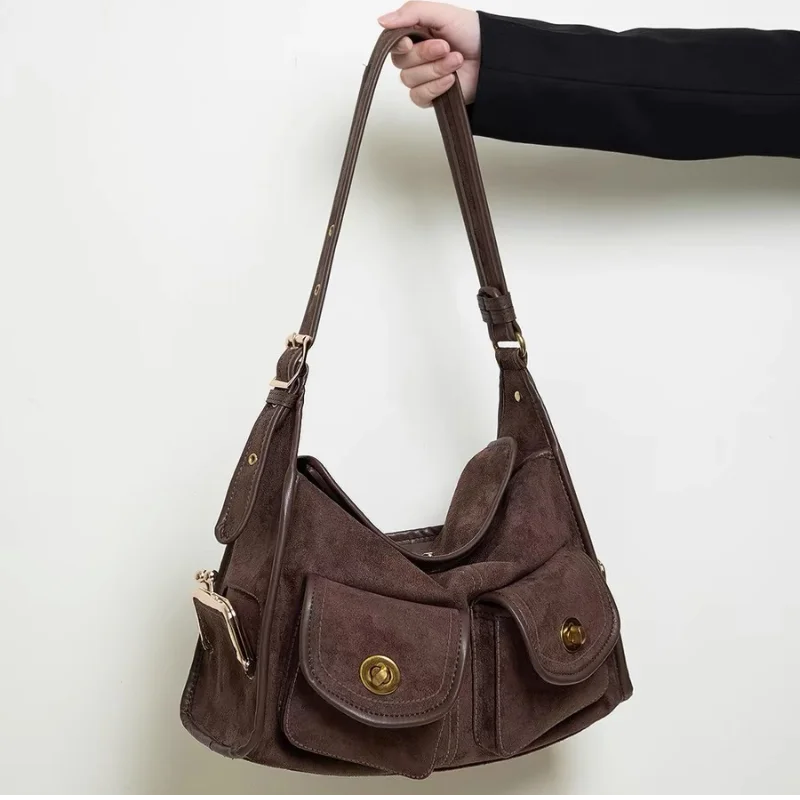 

Suede Shoulder Bag Creative Double Pocket Underarm Bag Vintage Women's Bag Large Capacity Commuter Bag Retro Adjustable Handbags