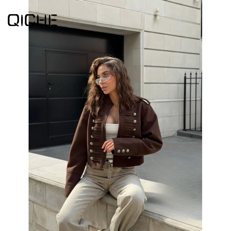 QICHE New Short Jackets Women Vintage‑Craft Zip‑Up‑Detail Short‑Cut Cool Street‑Vibe Autumn‑Winter Outer Coat