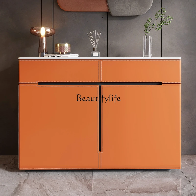 

Italian minimalist saddle leather solid wood porch against the wall TV cabinet rock slab storage high cabinet