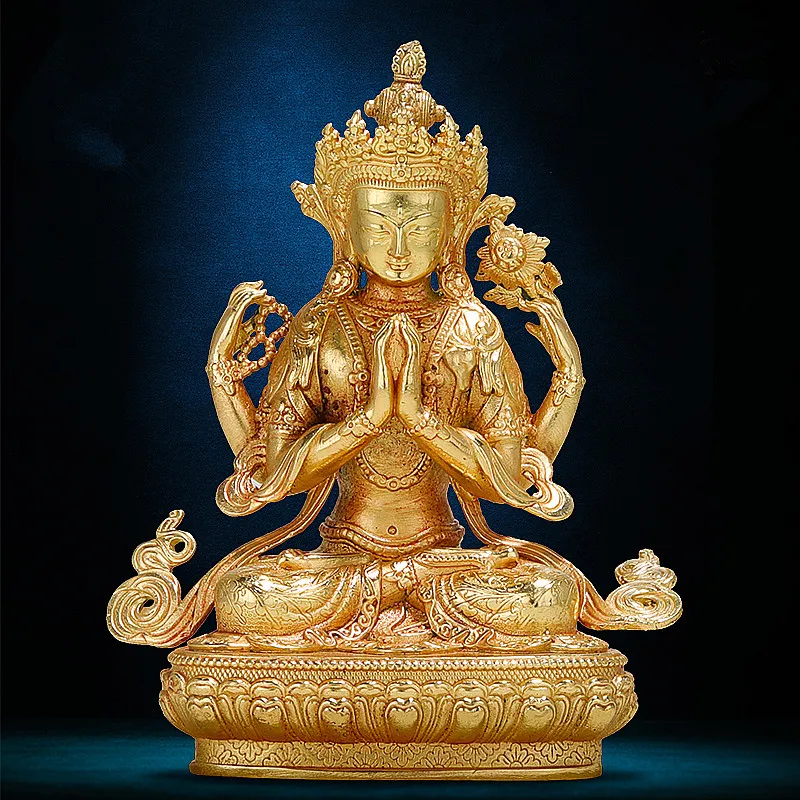 

10cm Gold Pure Copper Four-arms Guanyin Exquisite Carving Buddhist Retro Carving Tranic Temple Decorate Bodhisattva Figurine