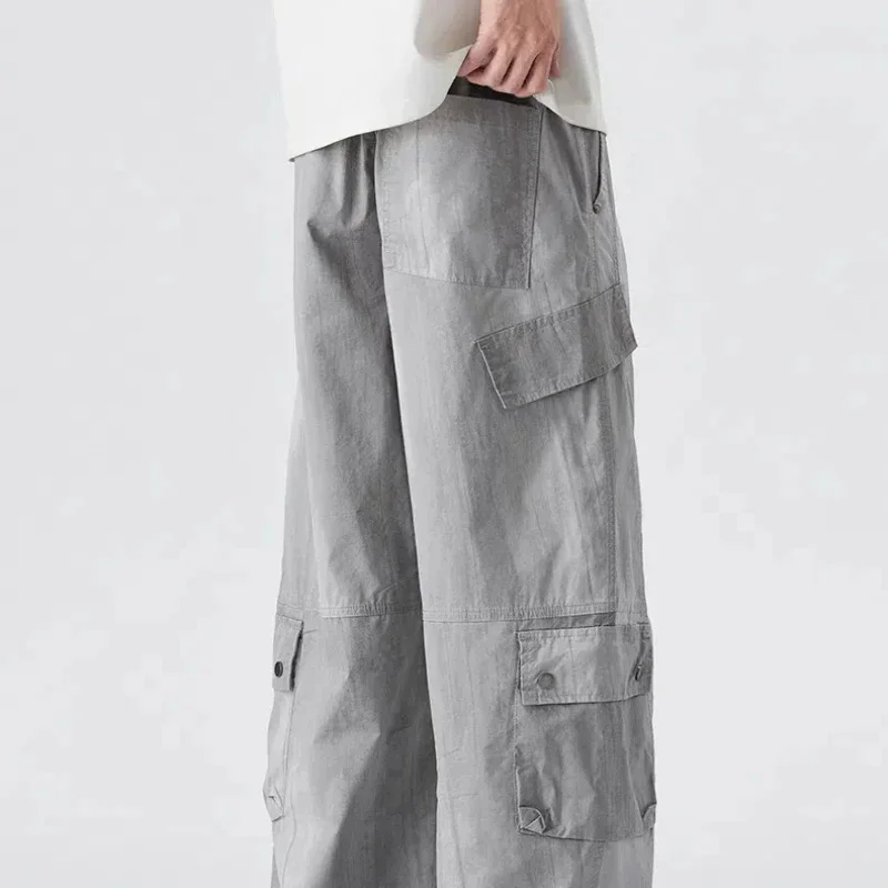 กางเกงสกปรกแฟชั่นแบรนด์หลวมขาตรงกว้างลําลองสินค้าญี่ปุ่นย้อนยุคหลายกระเป๋า