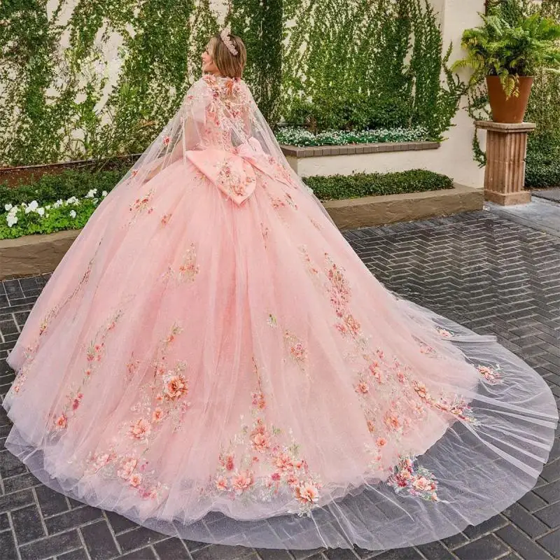 Customized Mexican Pink Quinceanera Dress Princess Ball Gown Bow Beading 3D Flowers Sleeveless Corset Sweet 16 Vestidos