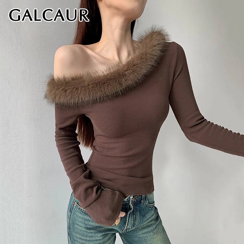 GALCAUR Sexy T Shirt For Women Diagonal Collar Long Sleeve Off One Shoulder Spliced Fur Knit Temperamnet T Shirts Female Clothes