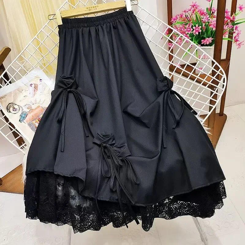 Japanese pretty girl skirt loli dark half skirt high waisted bow heavy patchwork lace A-line medium length skirt  clothes