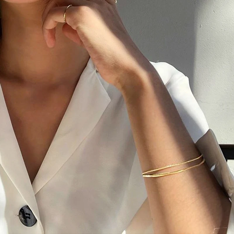 ANENJERY Gold Color New Simple Minimalist Slim Curved Semi-circular Multi-layer Chain Bracelets For Women