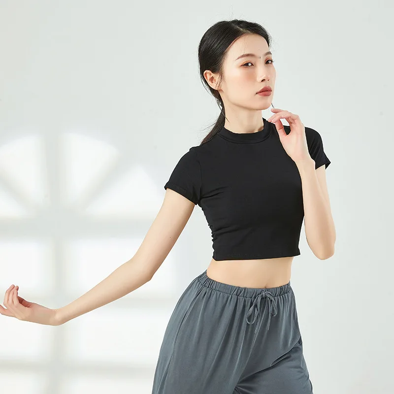 Women Middle Collar Cotton Yoga Shirt Breathable Classical Dance Pilates Short Sleeve Classical Training Dance Adult T-Shirt