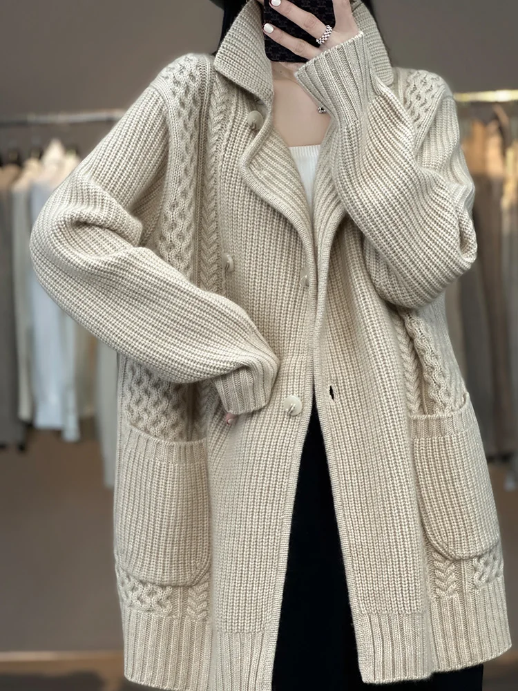 

Autumn Winter New Women Long Cashmere Sweater Turn-Down Collar Thick Cardigan 100% Merino Wool Knitwear Female Grace Soft Coat