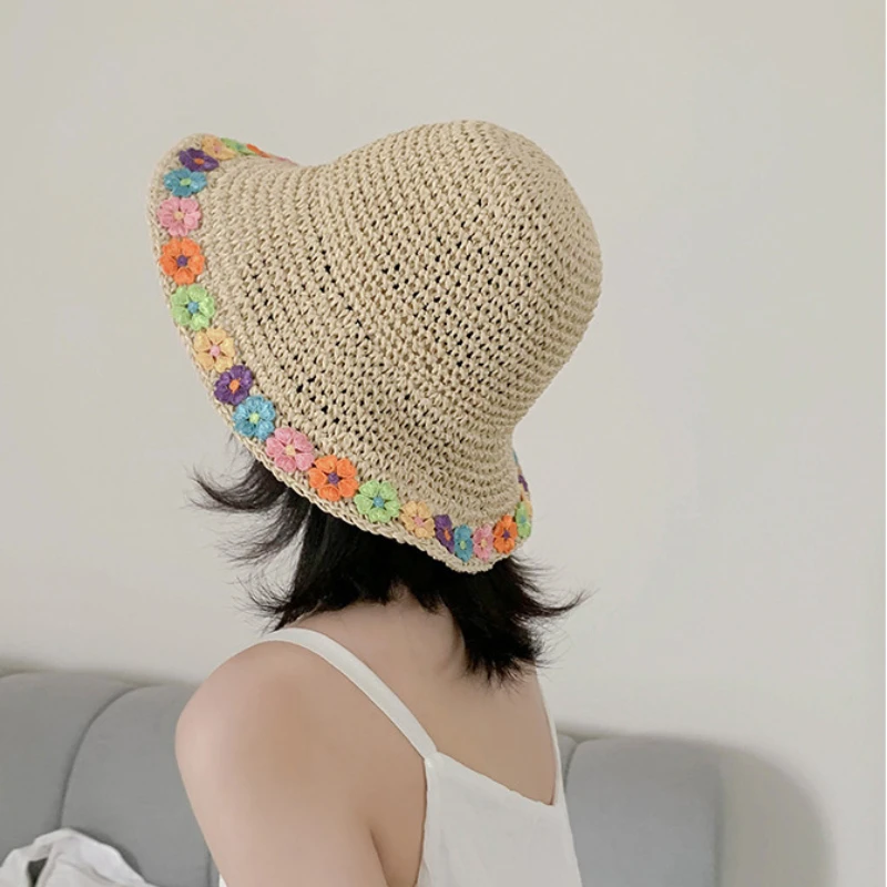 Summer Flower Straw Sun Hat Women Crochet Bucket Hat Women Foldable Panama Cap Sun Cap Flower Vacation Beach Hat