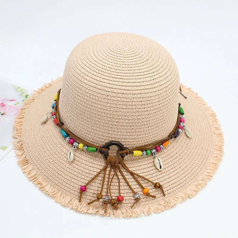 Summer Ethnic Style Straw Hat Fringed Shell Pendant Bucket Hat Beach Outing Basin Hat