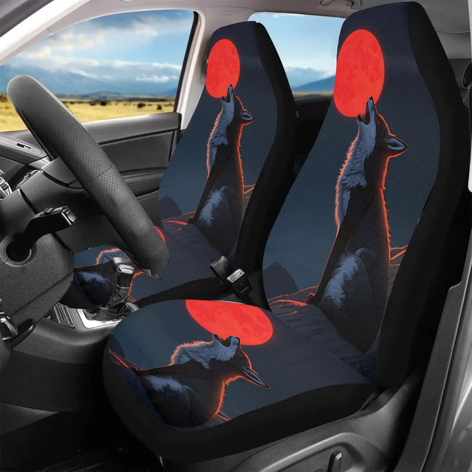 Set Of 2 Car Seat Covers | Black Wolf Howling At A Red Moon Design, Universally Fits For Car Interior Decor, Ideal For Birthday