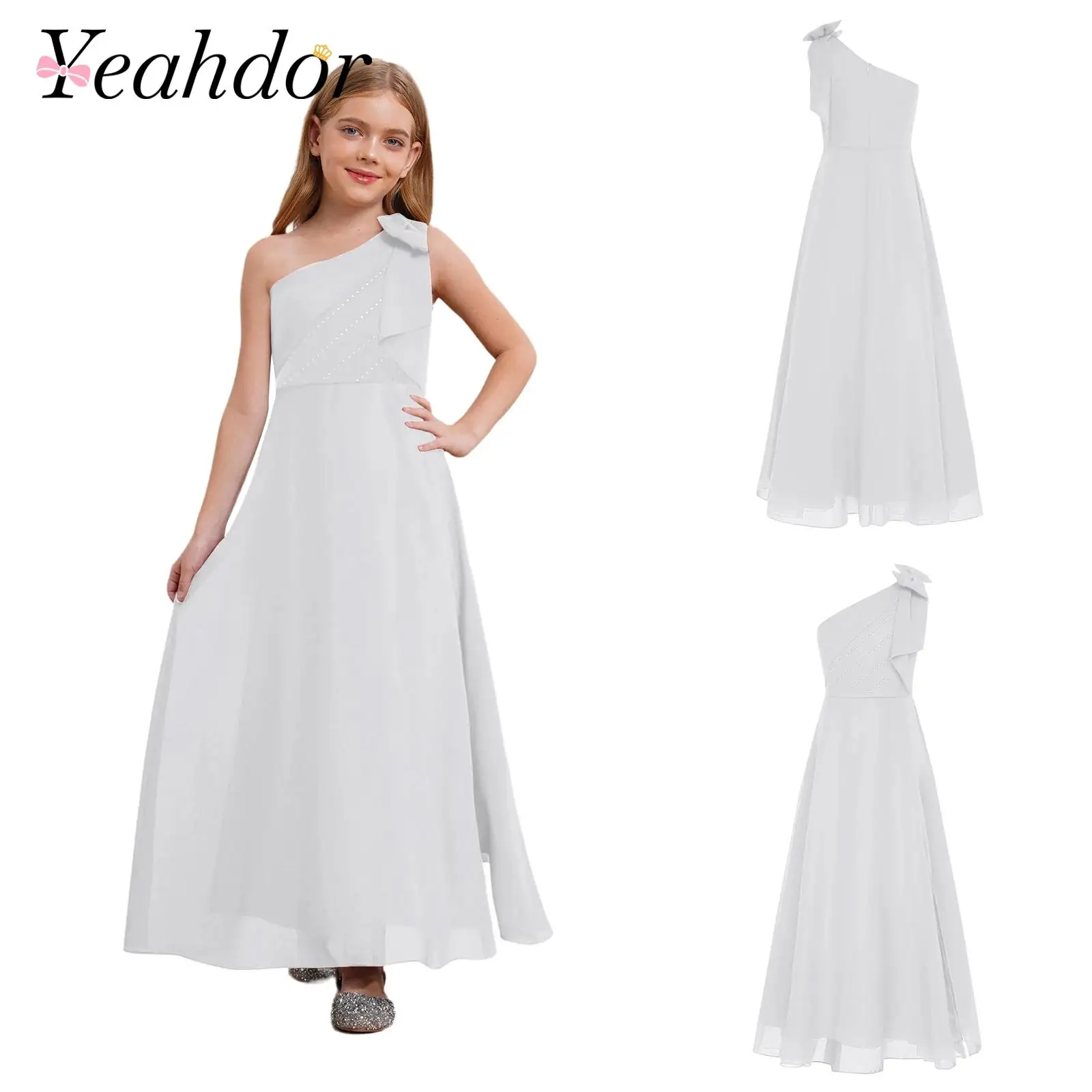 

Girls Elegant Chiffon Dress Single Shoulder First Communion Dress Prom Gown Wedding Costume Children Birthday Princess Outfit