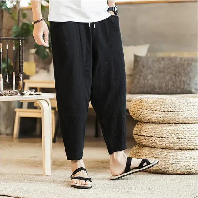 New Summer Cotton and Linen Loose Men's Casual Cropped Plus Trendy Youth Thin Versatile Wide-fitting Harem Pants