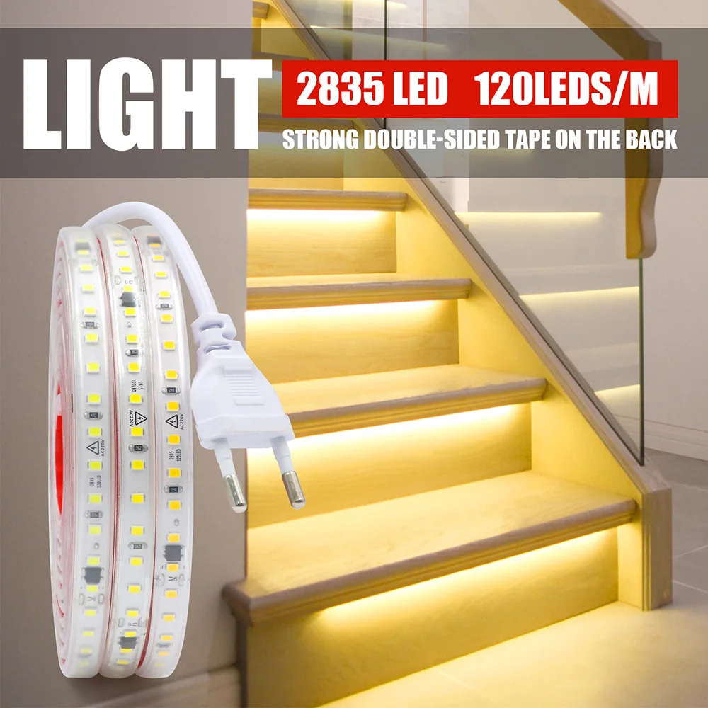 Strip LED AC 220V 230V, dengan lampu perekat putih/putih hangat 120leds/m garis pita fleksibel tahan air IP67 dekorasi lampu pita