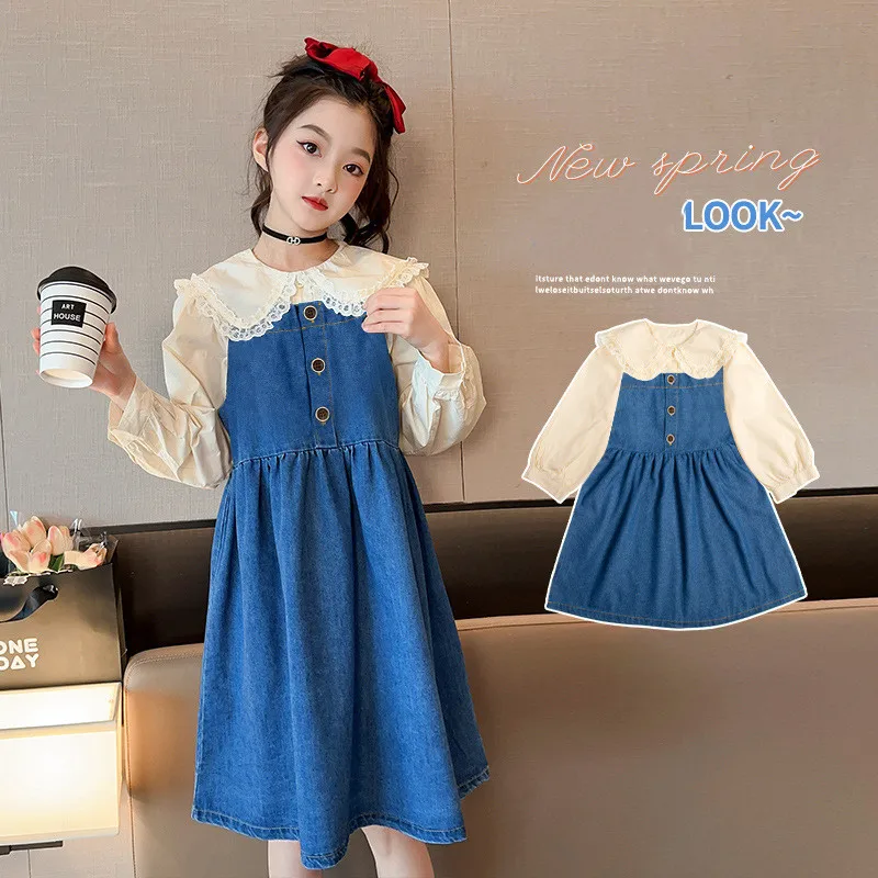 

Girls Clothing Sets Long Sleeve Shirt + Denim Dress Children Clothes Suits Spring Autumn Kids Boutique Outfits 2Pcs 4 6 8 10 12Y