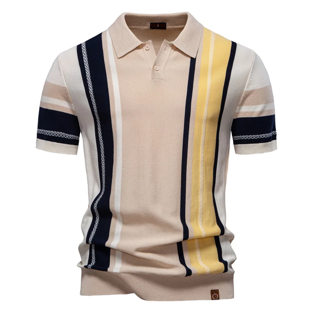 

Summer 2025 Men's Striped Jacquard Fashion Shirt Short Sleeve Sweater - New Arrival for Men's Wardrobe