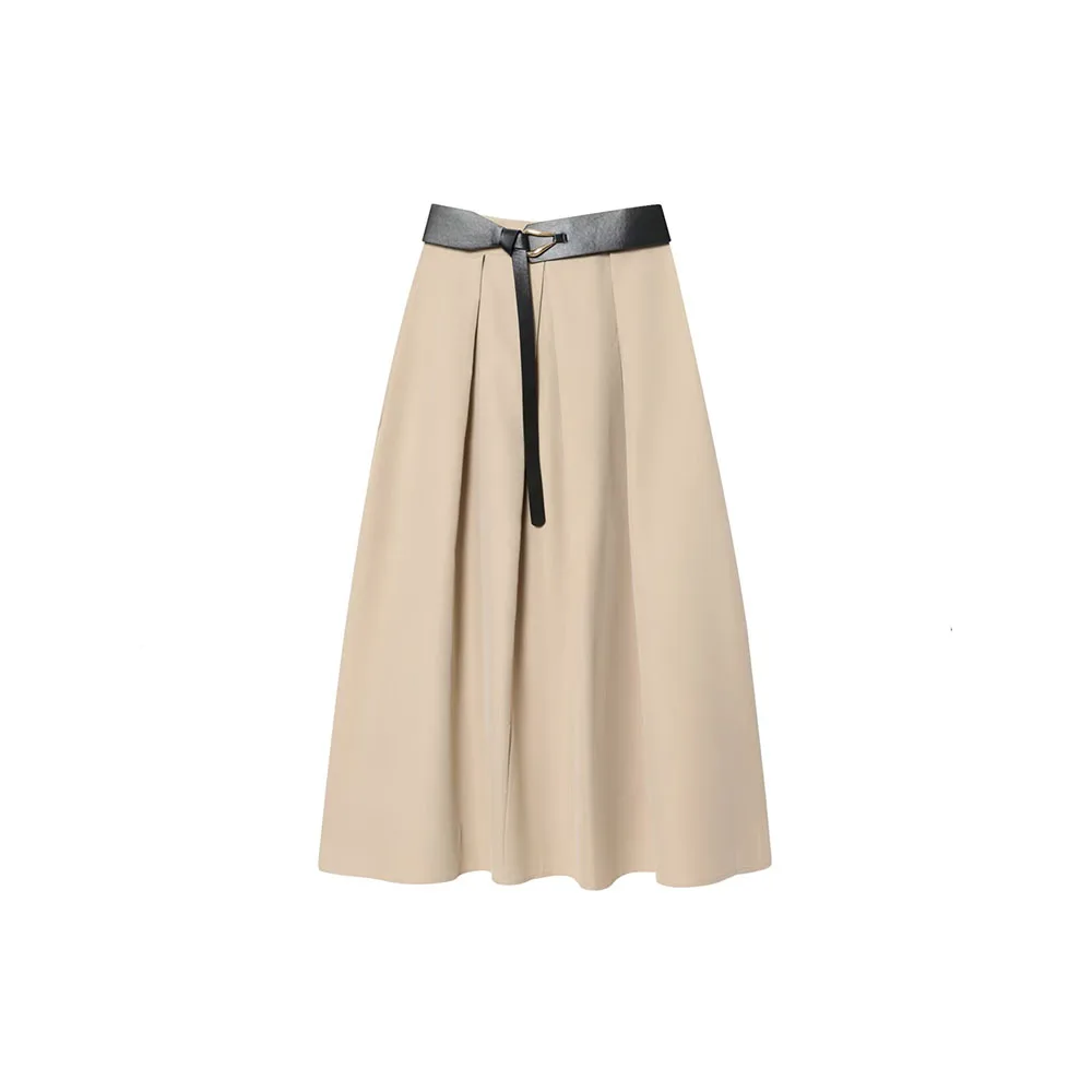 Herfst nieuwe dames hoge taille geplooide A-lijn lange rok met tailleriem mantelstijl MIDI midi rok