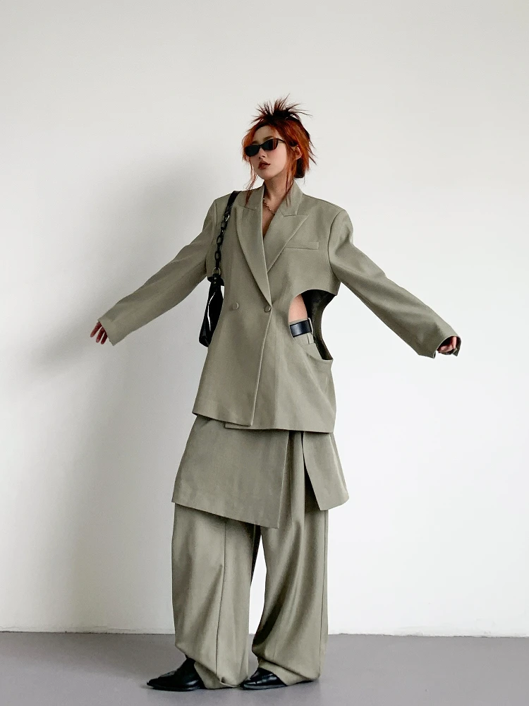 Tannt Set di pantaloni da donna 2025 Primavera Estate Nuovo cappotto blazer scavato Falso due pantaloni larghi casual con gonna lunga Set di due pezzi