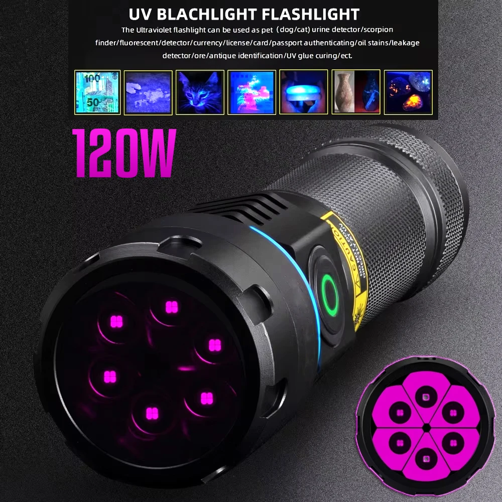 120W High Power 6LED UV Flashlight 365nm Ultraviolet Black M