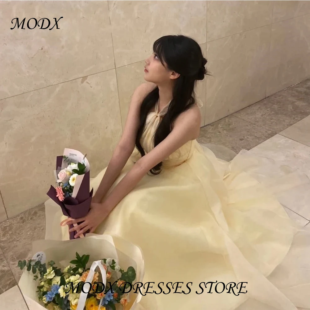 MODX  Halter Yellow Korean Wedding Dresses Soft Tulle A-line Wedding Party Dresses 셀프웨딩드레스 Customized Evening Dresses