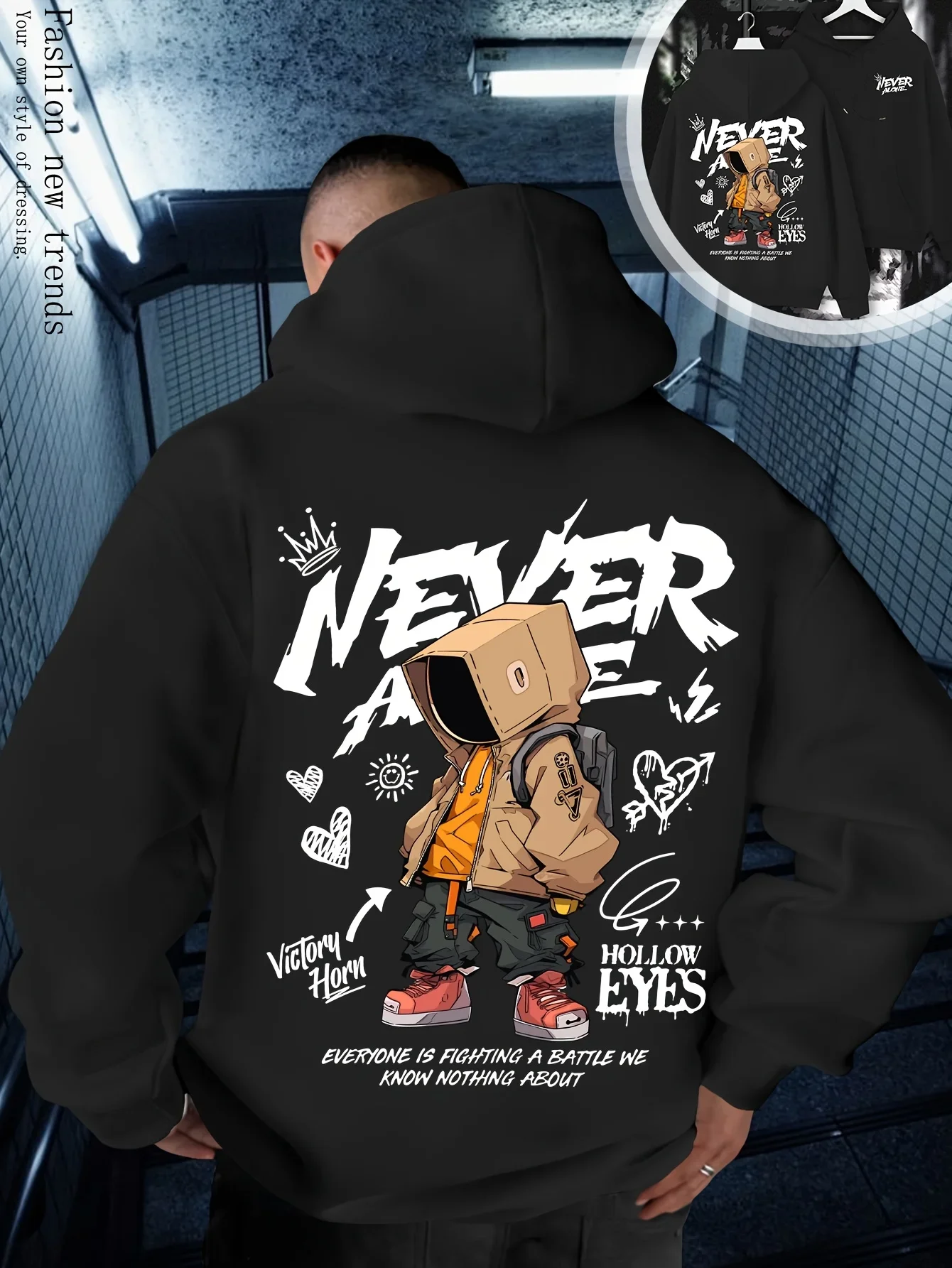 Men Box Head Character Hoodie Graffiti Never Give Up Slogan Street Art Graphic Print Loose Fit Streetwear Pullover Sweatshirt