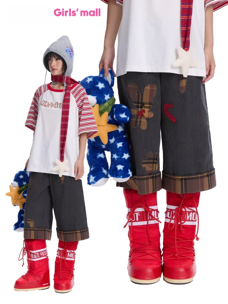 

MOF Girl's Patchwork Embroidered Wide Leg Pants Color Block Stripe Pattern Cotton Casual Trousers for Women Autumn Season