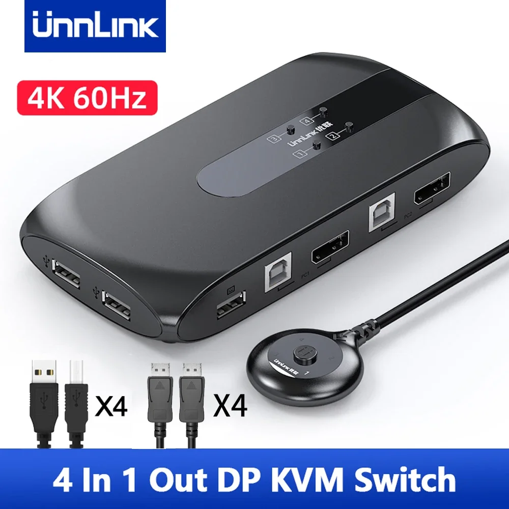 Unnlink-conmutador de vídeo DP para ordenador portátil y TV, 4K, 60Hz, Displayport, KVM, 4 ordenadores, compartir 1 Monitor, 4 puertos USB 2,0, teclado de ratón